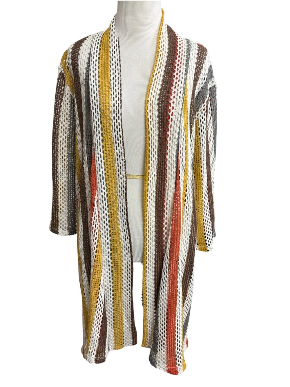 Striped Open-Front Crochet Cardigan - Mustard, Brown & Cream